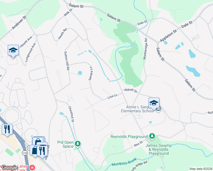 map of restaurants, bars, coffee shops, grocery stores, and more near 37 Kieran Road in North Andover