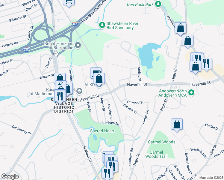 map of restaurants, bars, coffee shops, grocery stores, and more near 54 Massachusetts 133 in Andover