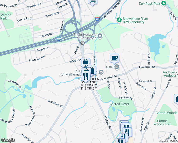 map of restaurants, bars, coffee shops, grocery stores, and more near 348 Massachusetts 28 in Andover