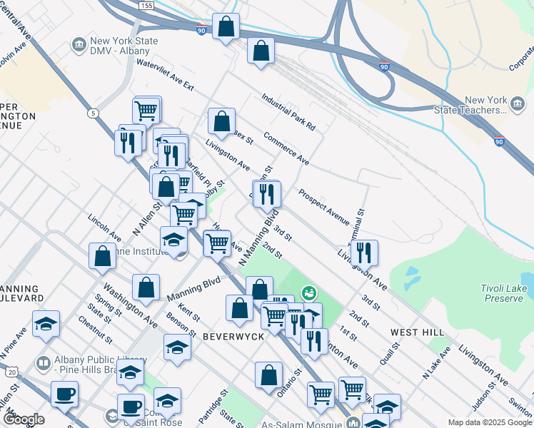 map of restaurants, bars, coffee shops, grocery stores, and more near 20 North Manning Boulevard in Albany