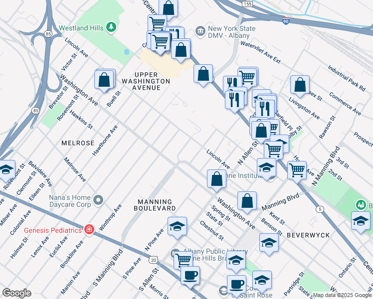 map of restaurants, bars, coffee shops, grocery stores, and more near 17 Cleveland Street in Albany