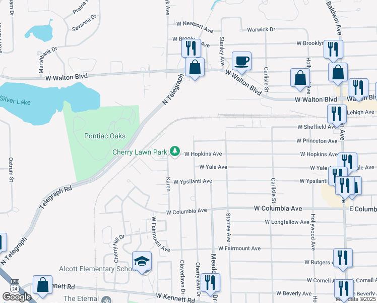 map of restaurants, bars, coffee shops, grocery stores, and more near 339 West Hopkins Avenue in Pontiac