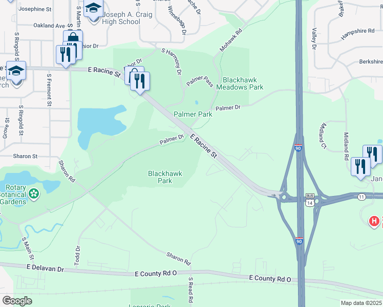 map of restaurants, bars, coffee shops, grocery stores, and more near 2506 East Racine Street in Janesville
