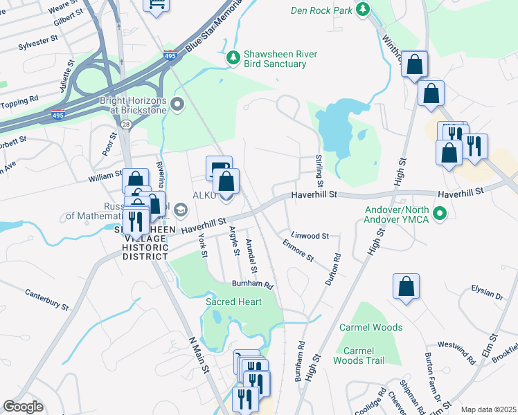 map of restaurants, bars, coffee shops, grocery stores, and more near 54 Massachusetts 133 in Andover