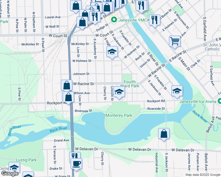 map of restaurants, bars, coffee shops, grocery stores, and more near 512 Lincoln Street in Janesville