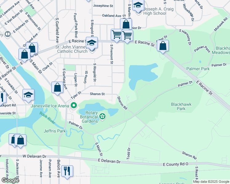map of restaurants, bars, coffee shops, grocery stores, and more near 781 South Fremont Street in Janesville