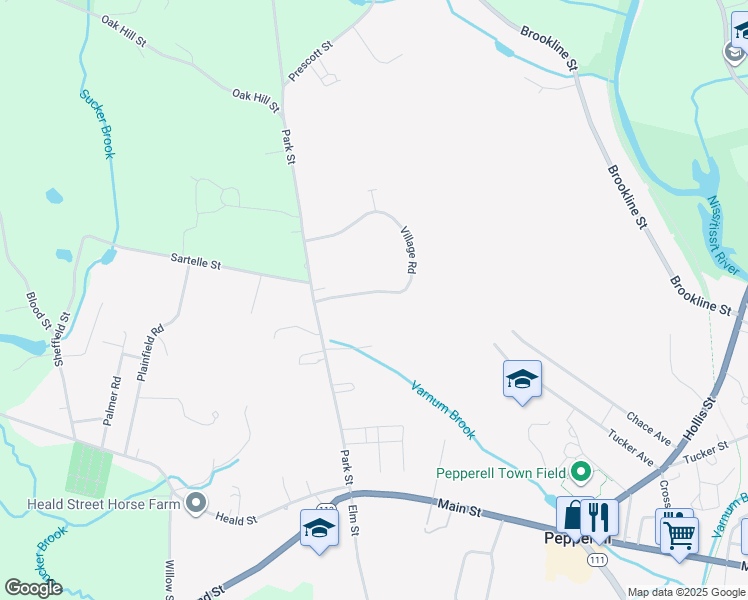 map of restaurants, bars, coffee shops, grocery stores, and more near 9 Village Road in Pepperell