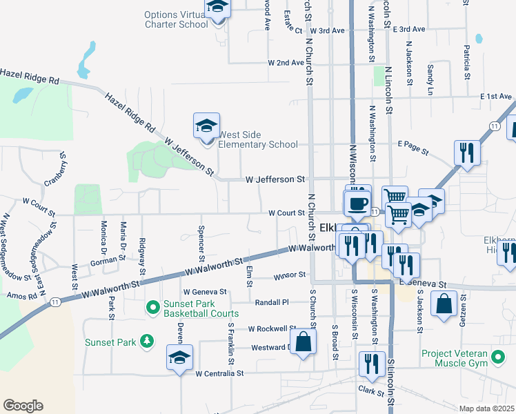 map of restaurants, bars, coffee shops, grocery stores, and more near 402 West Court Street in Elkhorn