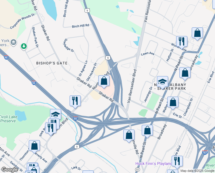 map of restaurants, bars, coffee shops, grocery stores, and more near 1 Broadway in Menands