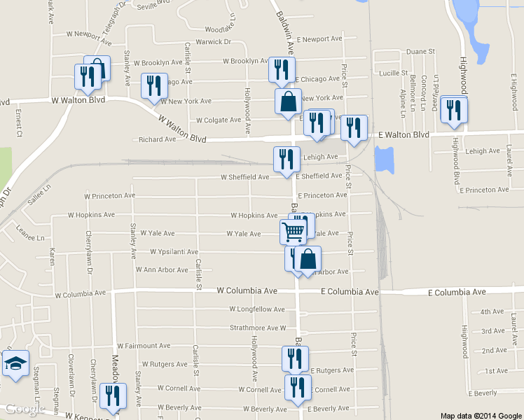 map of restaurants, bars, coffee shops, grocery stores, and more near 58 W Hopkins Ave in Pontiac