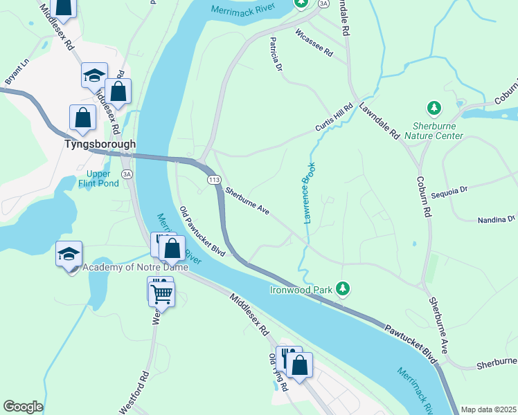 map of restaurants, bars, coffee shops, grocery stores, and more near 25 Sherburne Avenue in Tyngsborough