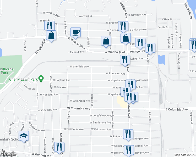 map of restaurants, bars, coffee shops, grocery stores, and more near 136 West Hopkins Avenue in Pontiac