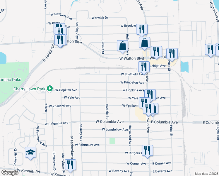 map of restaurants, bars, coffee shops, grocery stores, and more near 156 West Hopkins Avenue in Pontiac