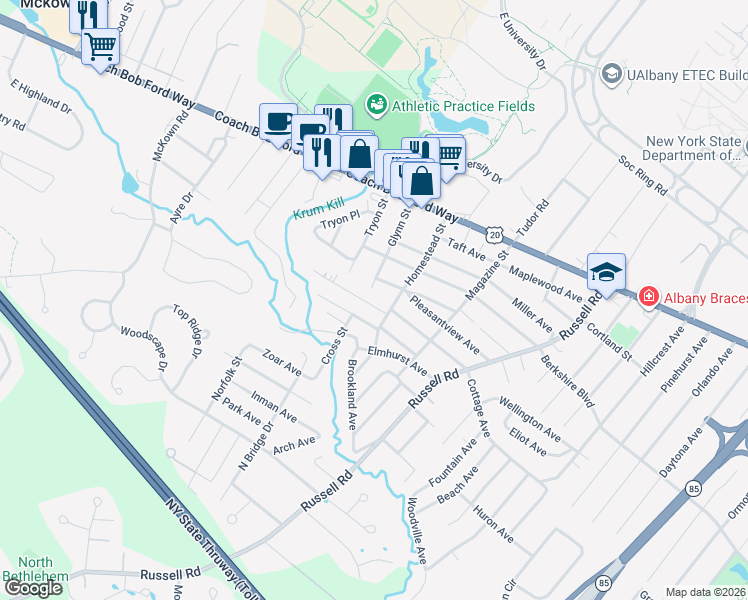 map of restaurants, bars, coffee shops, grocery stores, and more near 57 Homestead Street in Albany