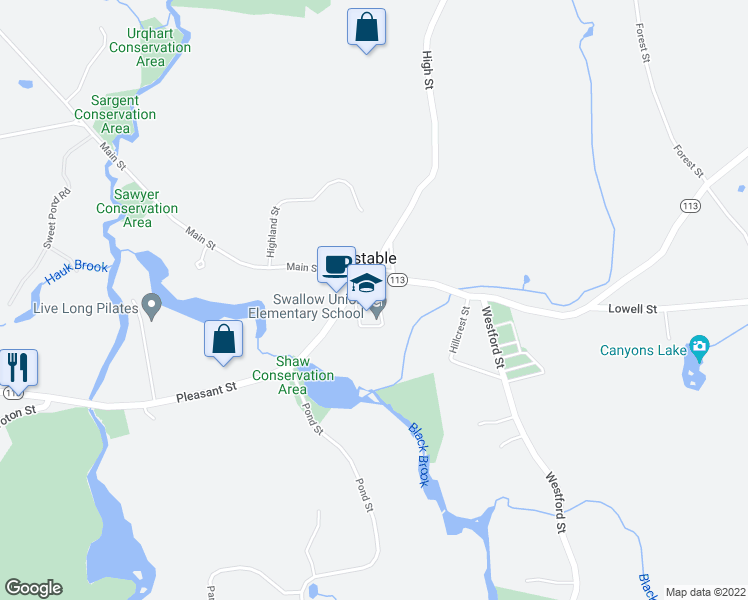 map of restaurants, bars, coffee shops, grocery stores, and more near 518 Main Street in Dunstable