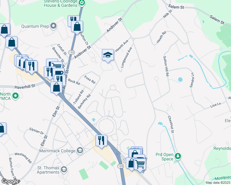 map of restaurants, bars, coffee shops, grocery stores, and more near 14 Royal Crest Drive in North Andover