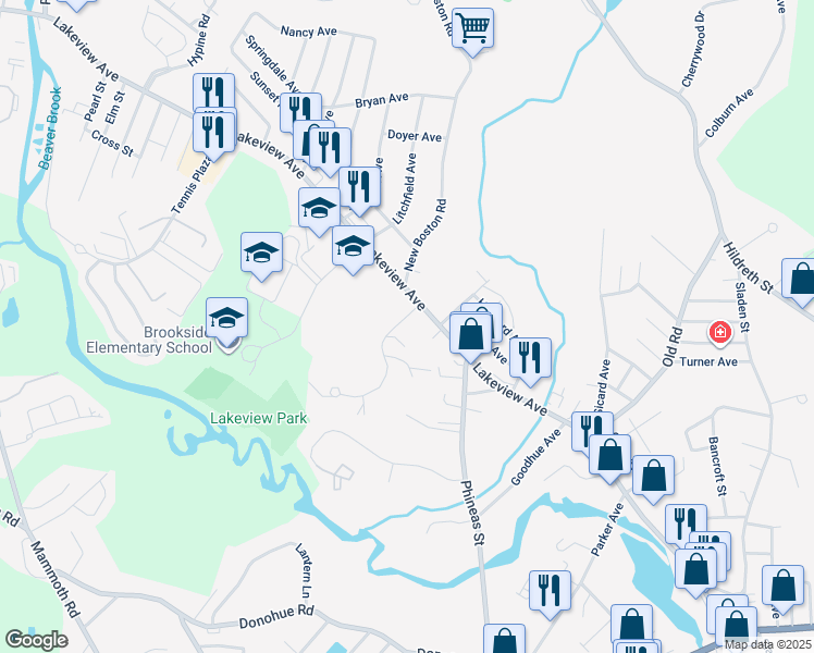 map of restaurants, bars, coffee shops, grocery stores, and more near 20 Frederick Street in Dracut