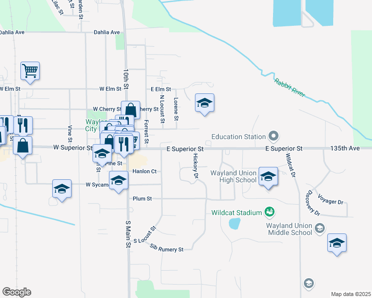 map of restaurants, bars, coffee shops, grocery stores, and more near 416 East Superior Street in Wayland