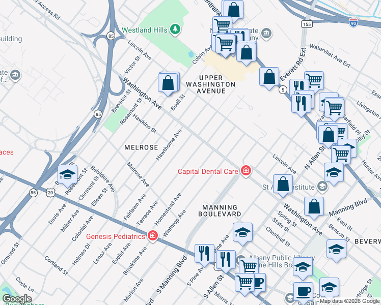 map of restaurants, bars, coffee shops, grocery stores, and more near 152 Terrace Avenue in Albany