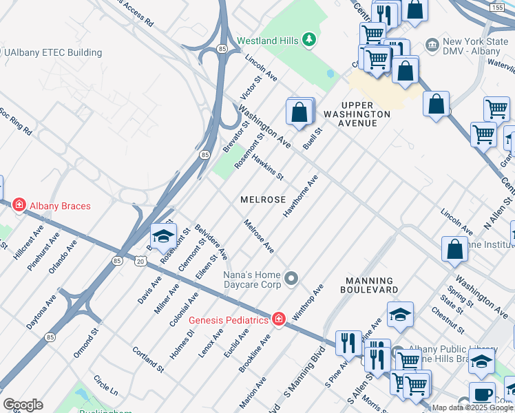 map of restaurants, bars, coffee shops, grocery stores, and more near 71 Eileen Street in Albany