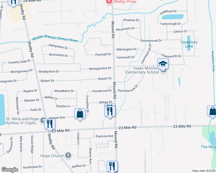 map of restaurants, bars, coffee shops, grocery stores, and more near 51611 Mound Road in Macomb County