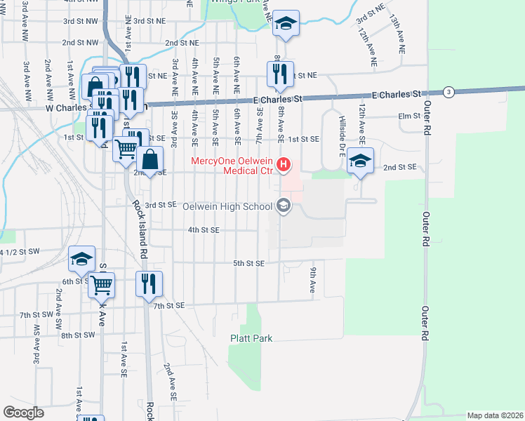 map of restaurants, bars, coffee shops, grocery stores, and more near 301-399 7th Avenue Southeast in Oelwein