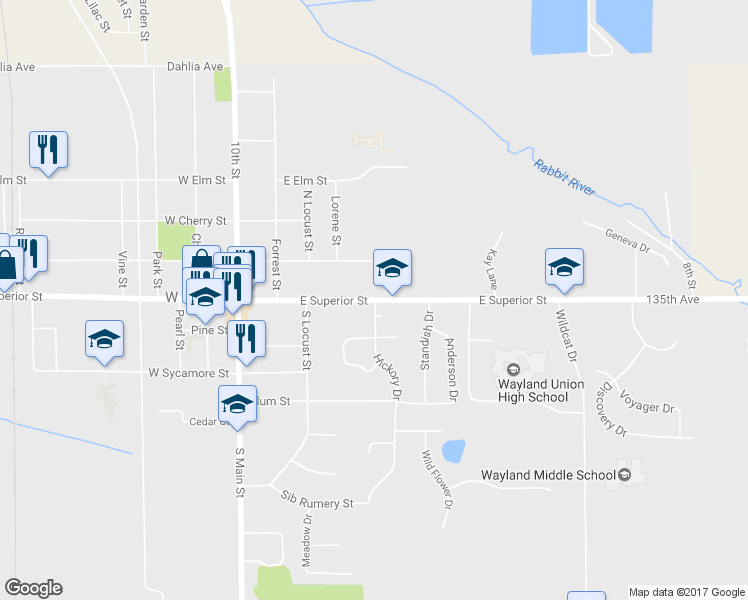 map of restaurants, bars, coffee shops, grocery stores, and more near 416 East Superior Street in Wayland