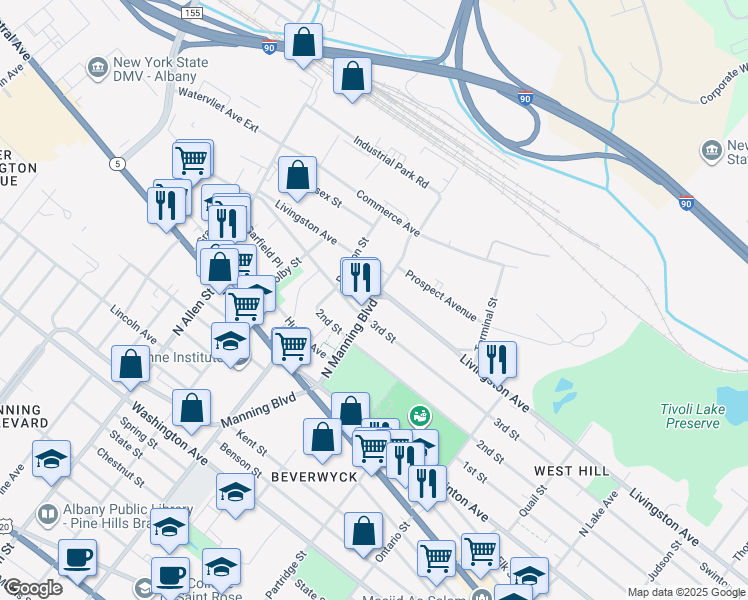 map of restaurants, bars, coffee shops, grocery stores, and more near 35 North Manning Boulevard in Albany