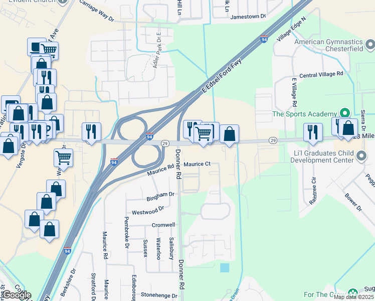 map of restaurants, bars, coffee shops, grocery stores, and more near 29050 23 Mile Road in New Baltimore