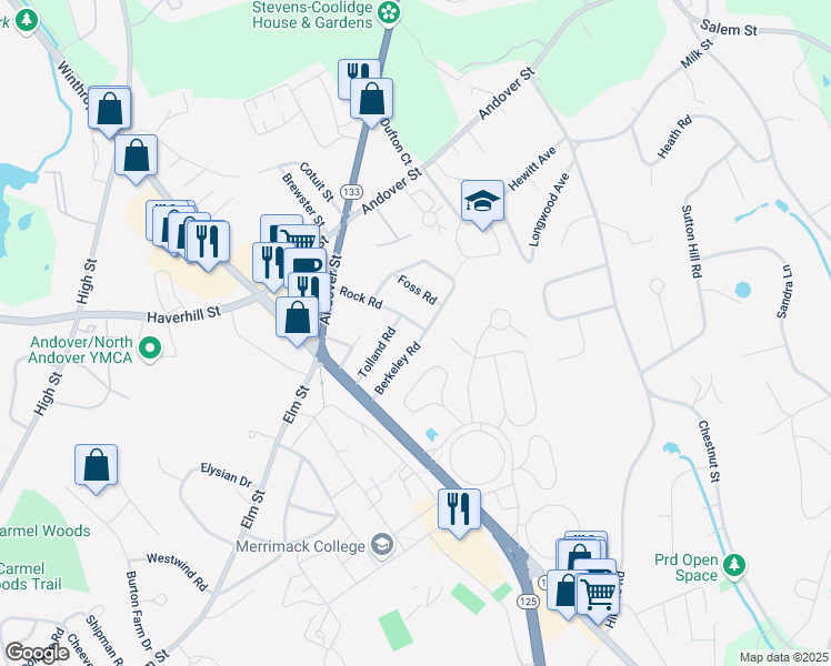 map of restaurants, bars, coffee shops, grocery stores, and more near 58 Berkeley Road in North Andover