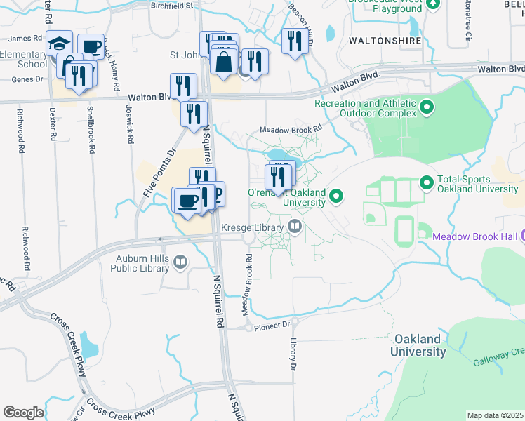 map of restaurants, bars, coffee shops, grocery stores, and more near 308 Meadow Brook Road in Rochester