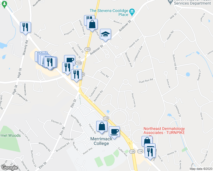 map of restaurants, bars, coffee shops, grocery stores, and more near 58 Berkeley Rd in North Andover