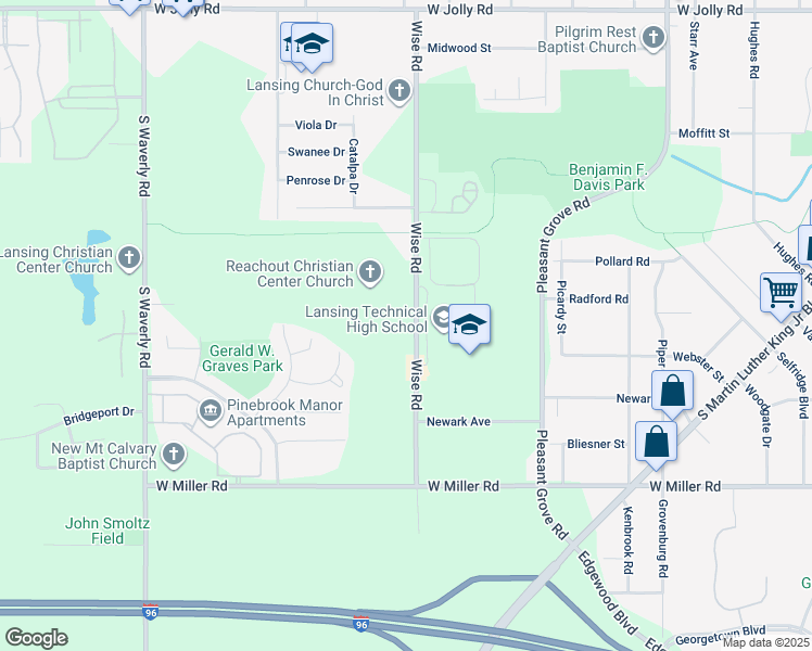 map of restaurants, bars, coffee shops, grocery stores, and more near 5738 Wise Road in Lansing