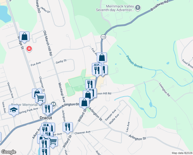map of restaurants, bars, coffee shops, grocery stores, and more near 54 Massachusetts 113 in Dracut