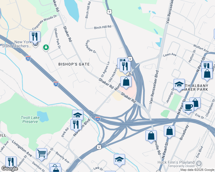 map of restaurants, bars, coffee shops, grocery stores, and more near 2 Bryn Mawr Court in Albany