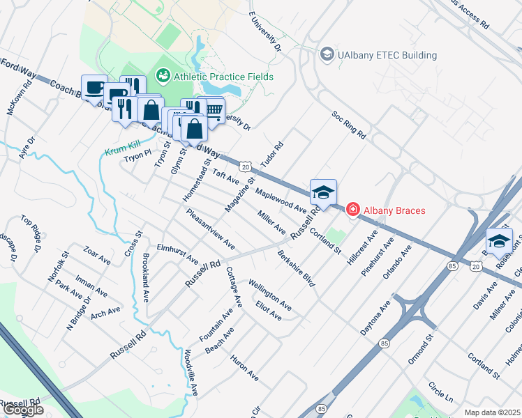 map of restaurants, bars, coffee shops, grocery stores, and more near 27 Miller Avenue in Albany