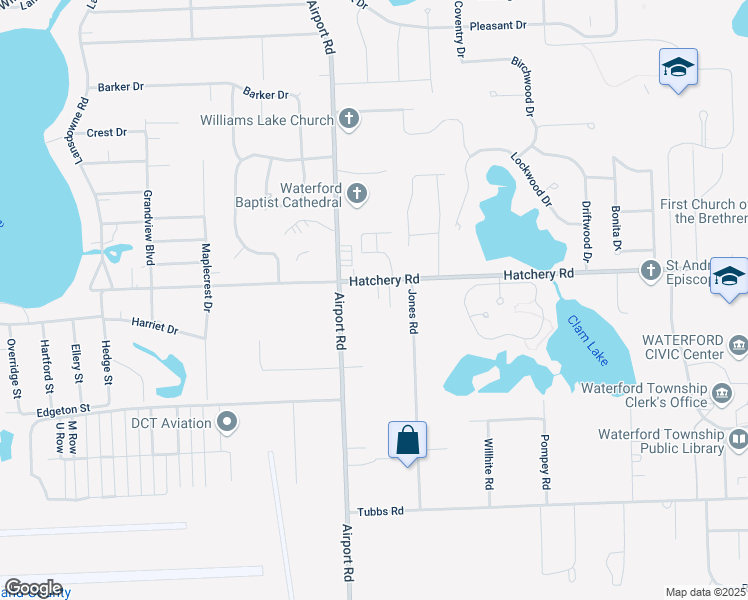 map of restaurants, bars, coffee shops, grocery stores, and more near 2450 Hatchery Road in Waterford Township