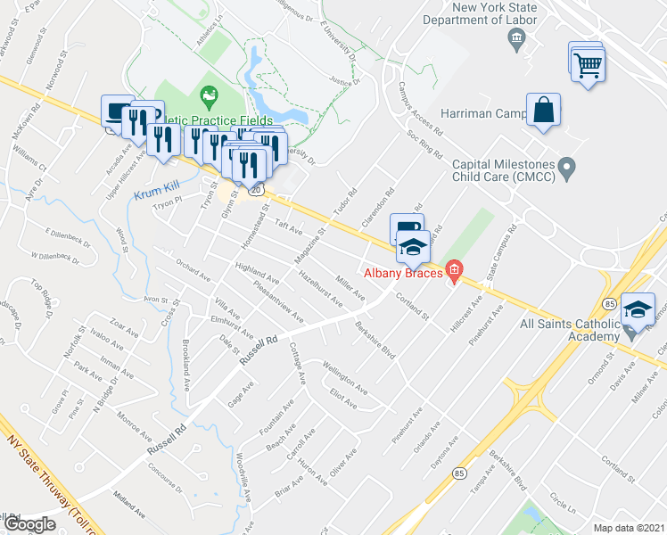 map of restaurants, bars, coffee shops, grocery stores, and more near 27 Miller Avenue in Albany