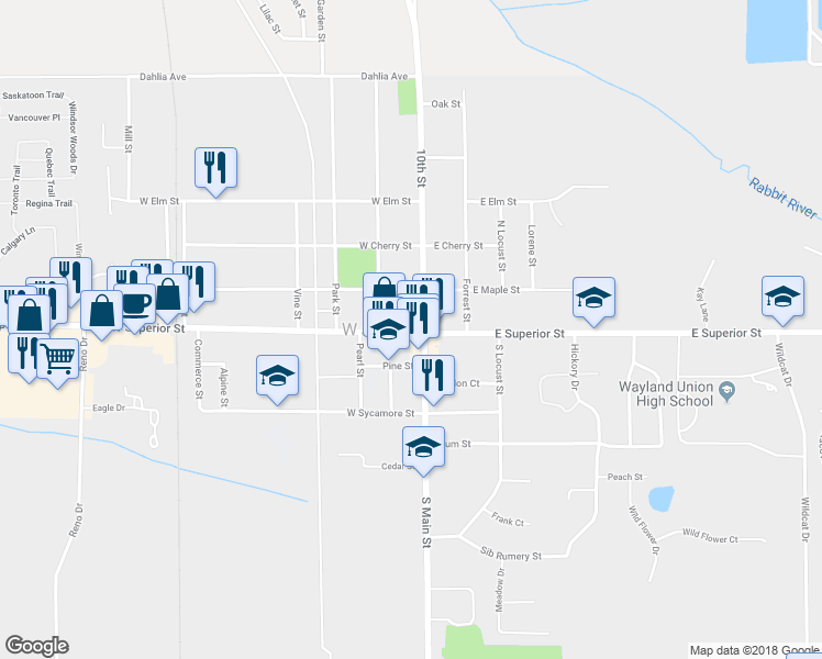 map of restaurants, bars, coffee shops, grocery stores, and more near 118 West Superior Street in Wayland