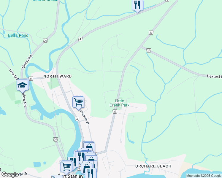 map of restaurants, bars, coffee shops, grocery stores, and more near 63 Compass Trail in Port Stanley