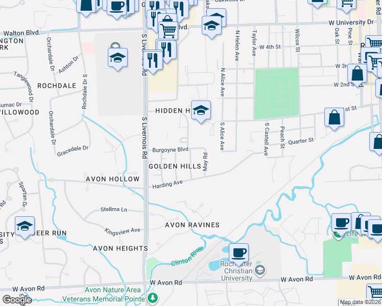 map of restaurants, bars, coffee shops, grocery stores, and more near 501 Utah Road in Rochester Hills