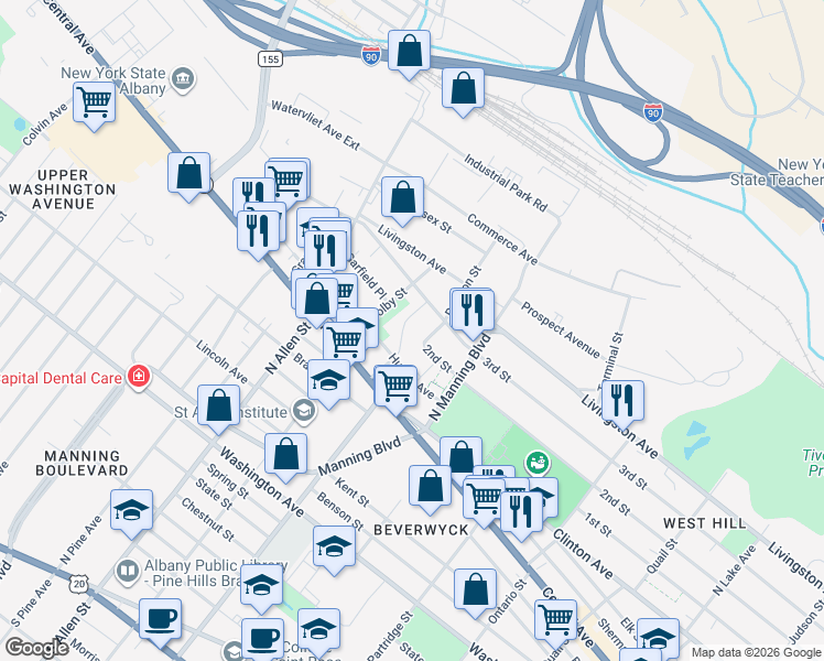 map of restaurants, bars, coffee shops, grocery stores, and more near 1 Bleecker Terrace in Albany