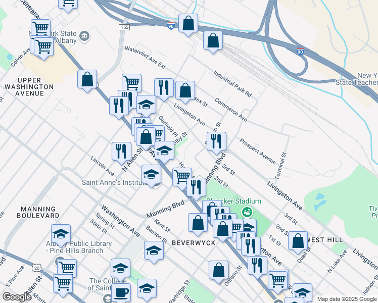 map of restaurants, bars, coffee shops, grocery stores, and more near 47 Bleecker Terrace in Albany