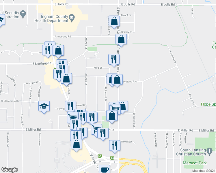 map of restaurants, bars, coffee shops, grocery stores, and more near 5733 Richwood Street in Lansing