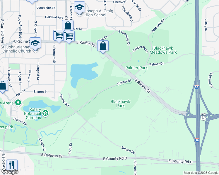 map of restaurants, bars, coffee shops, grocery stores, and more near 2135 Palmer Drive in Janesville