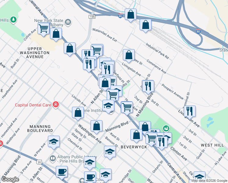 map of restaurants, bars, coffee shops, grocery stores, and more near 607 Central Avenue in Albany