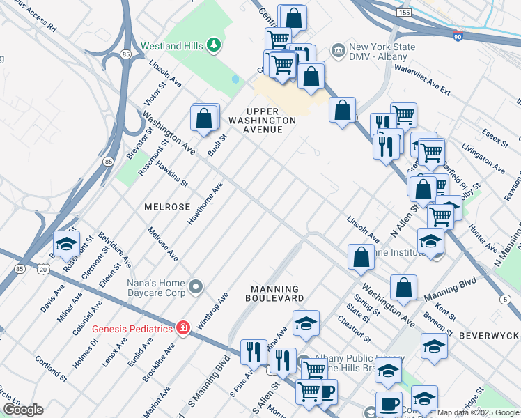 map of restaurants, bars, coffee shops, grocery stores, and more near 166 Homestead Avenue in Albany