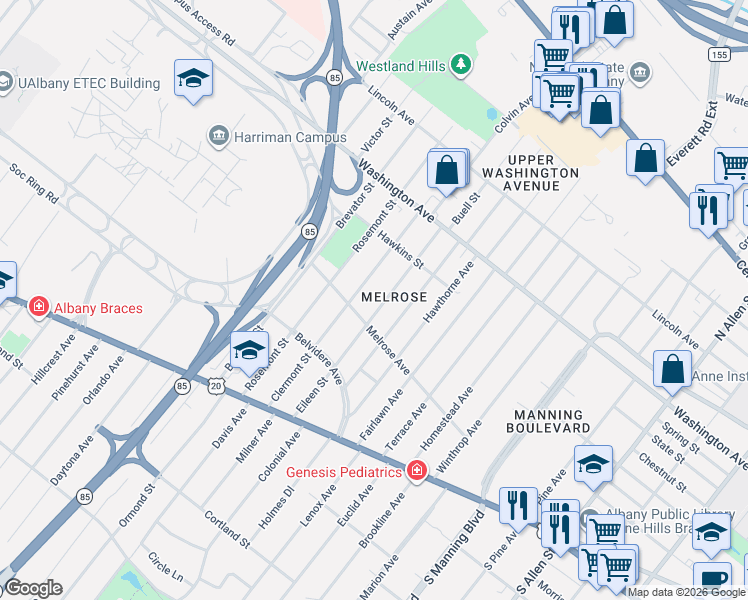 map of restaurants, bars, coffee shops, grocery stores, and more near 71 Eileen Street in Albany