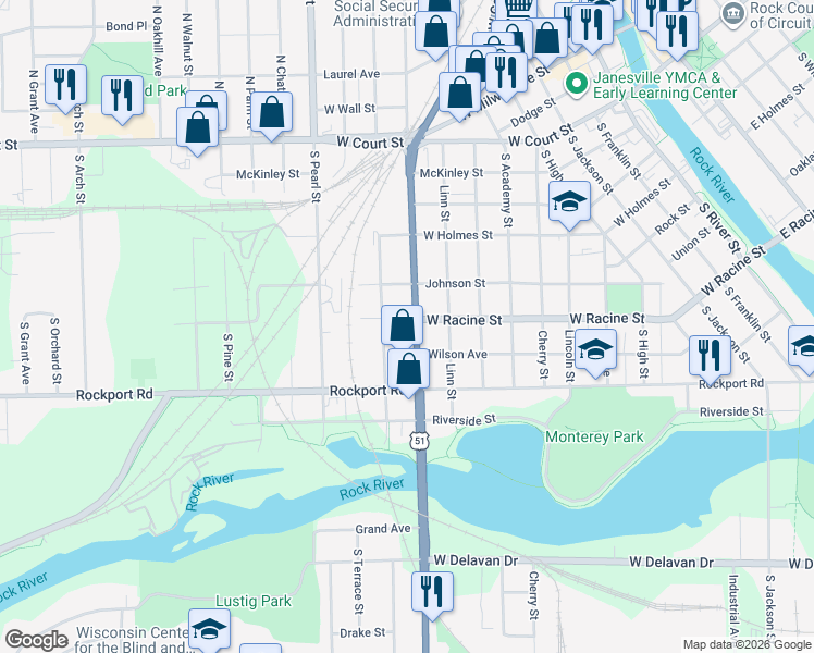 map of restaurants, bars, coffee shops, grocery stores, and more near 519 South Washington Street in Janesville