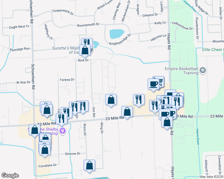 map of restaurants, bars, coffee shops, grocery stores, and more near 51401 Times Square Drive in Macomb County